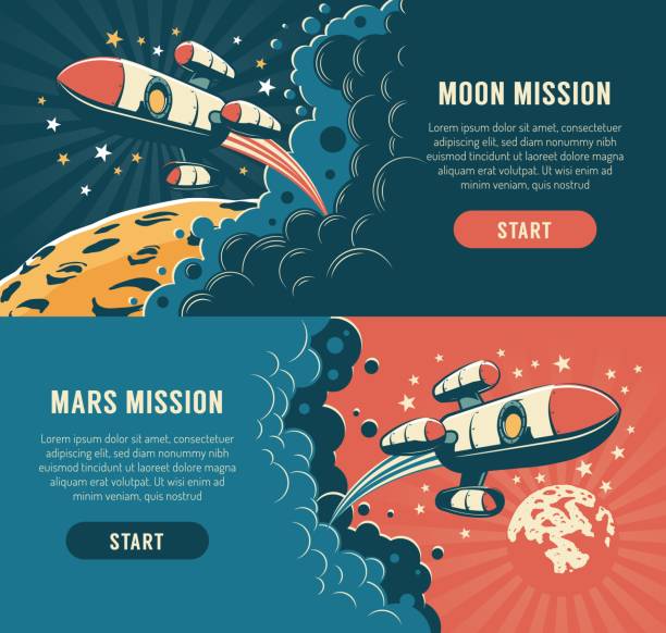 ilustraciones, imágenes clip art, dibujos animados e iconos de stock de rocket volar alrededor de la luna - cartel vintage - mars