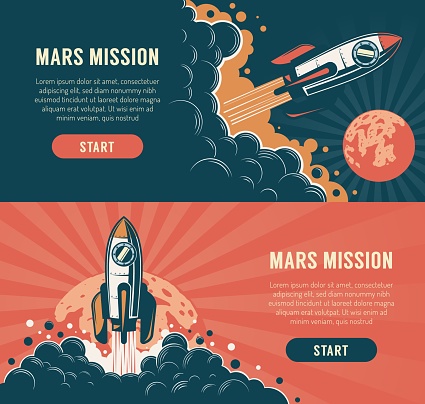 Rocket launch startup flyer - vintage style. Spaceship start mission mars retro poster. Vector illustration.