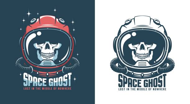 Astronaut helmet with skull - vintage space emblem Astronaut helmet with skull - vintage emblem. Spaceman skeleton in space suit - retro logo. Vector illustration. space helmet stock illustrations