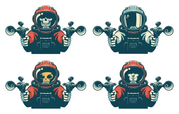 Vector illustration of Astronaut with laser gun. Space warrior with blaster