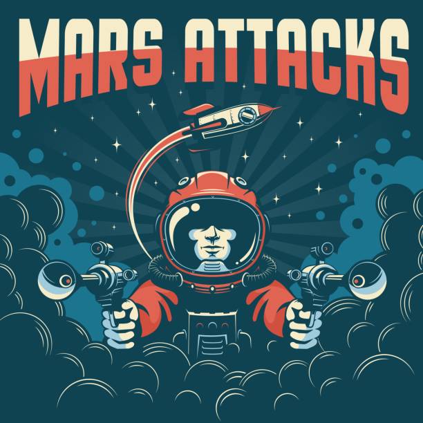 Vintage space fantastic poster. Astronaut with laser guns Vintage space fantastic poster. Astronaut with laser guns. Mars attack retro book cover. Vector illustration. action anime movies stock illustrations