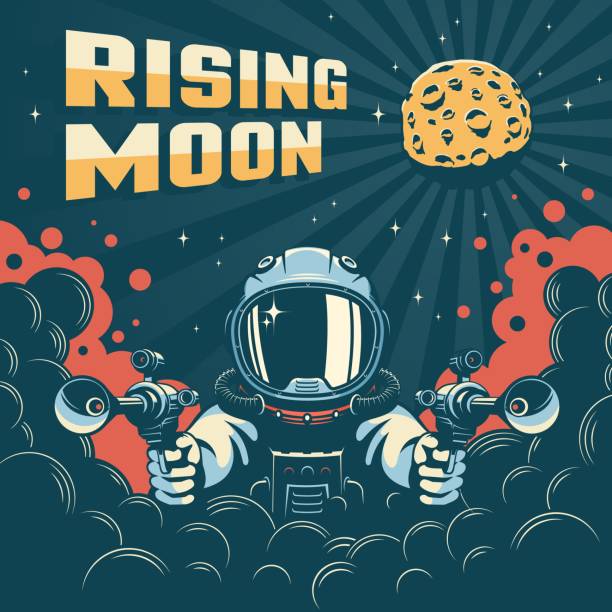 Astronaut fantastic retro space poster Astronaut fantastic retro space poster. Spaceman with laser guns. Vintage science fiction book cover. Vector illustration. action anime movies stock illustrations