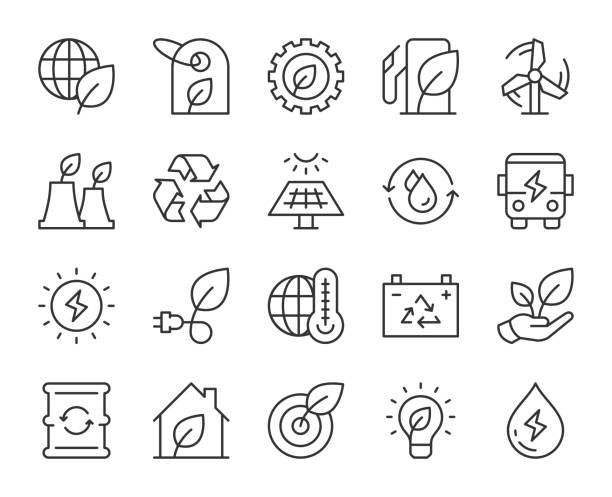 ilustraciones, imágenes clip art, dibujos animados e iconos de stock de ecología y reciclaje - iconos de líneas ligeras - recycled bulb