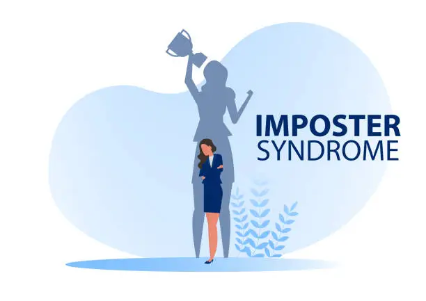 Vector illustration of Imposter syndrome.shadow woman standing for her present profile take award with Anxiety and lack of self confidence at work; the person fakes is someone else concept