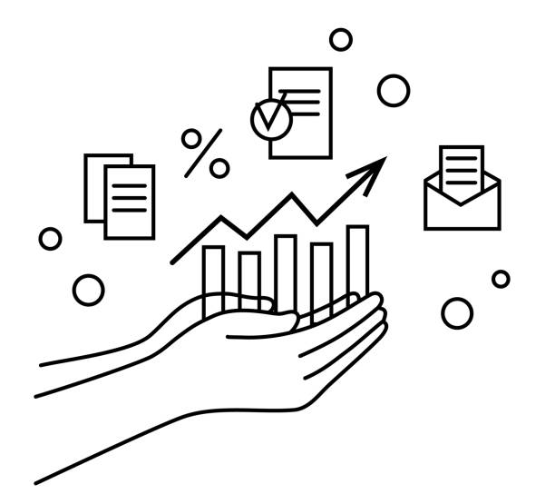 протянутые руки держат восходящий график. стилизованный график диаграммы, данные, конверт, документы, отчеты. анализ данных и признаки бизн - afford stock illustrations