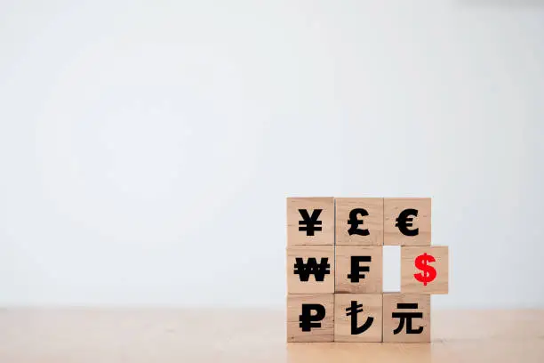 Photo of US dollar sign move out from Renminbi Yuan  Yen Euro and Pound sterling sign.US dollar is main and popular currency of exchange in the world.Investment and saving concept.