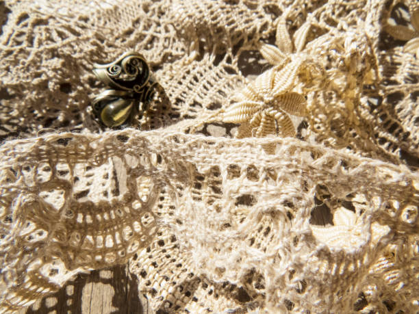 Beautiful  vintage  lace background  on the table .Russian bobbin lace.