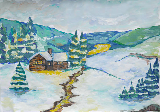istock Children's drawing paints winter has come. Country house with a well, blizzard. 1296817805