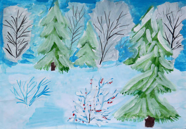 istock Children's drawing paints winter has come. Country house with a well, 
blizzard. 1296818553