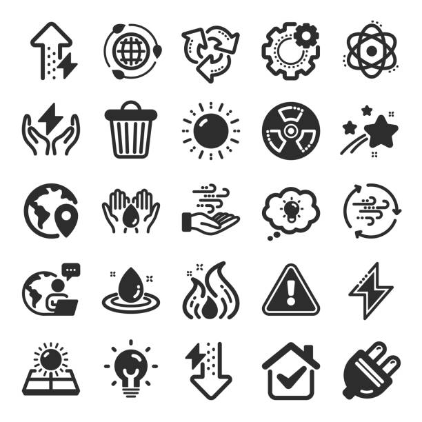 Energy icons. Solar panels, wind energy and electric thunder bolt. Vector Energy icons. Solar panels, wind energy and electric thunder bolt. Fire flame, hazard, green ecology icons. Electric plug, thunderbolt, recycling trash can. Solar power. Flat icon set. Vector air quality stock illustrations