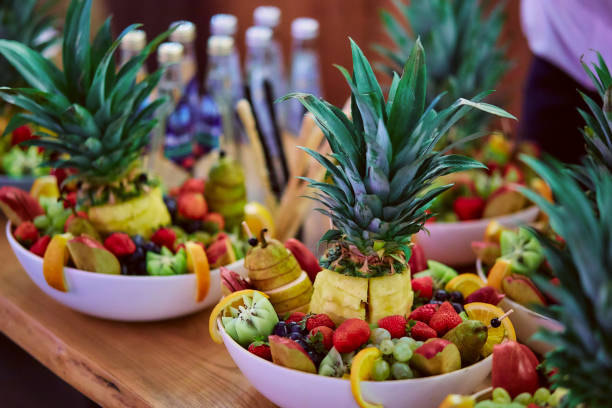 Banquet. A fruit plate is on the table. Waiting for guests for a holiday stock photo