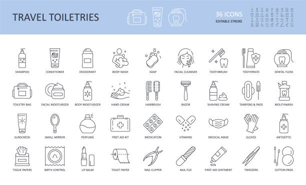 Vector travel toiletries icons. Editable stroke. Toothbrush shampoo conditioner deodorant facial cleanser sunscreen moisturizer hand cream hairbrush razor soap mirror nail file vitamins medical mask Vector travel toiletries icons. Editable stroke. Toothbrush shampoo conditioner deodorant facial cleanser sunscreen moisturizer hand cream razor soap mirror nail file clipper vitamins medical mask travel kit stock illustrations