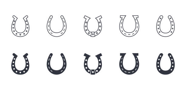 ilustrações de stock, clip art, desenhos animados e ícones de vector icons horseshoe and symbol of luck. editable stroke. linear and silhouettes symbols. stock illustration on white background - horseshoe good luck charm cut out luck