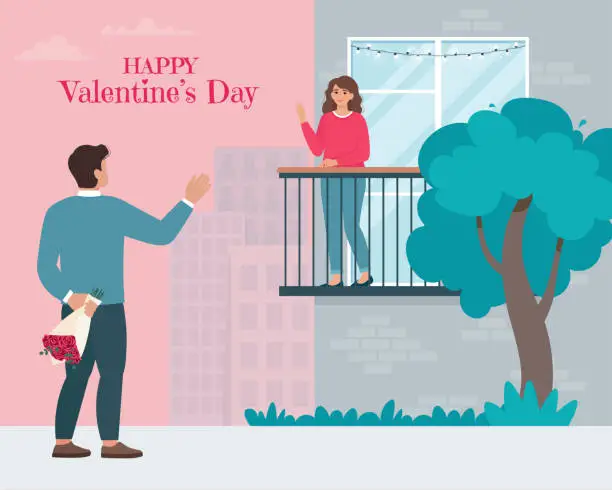 Vector illustration of The man came to his beloved under the balcony. Valentine's Day celebration during a quarantine. Vector illustration in flat style