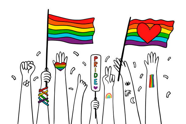 Pride parade concept. LGBTQ community. Pride parade concept. LGBTQ community. Vector doodle illustration with hands holds flag, heart, banner. bi black stock illustrations