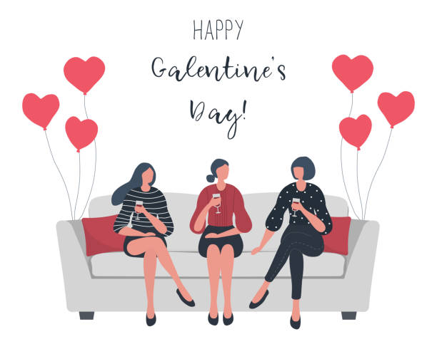 Galentine's day. Slumber party Galentines day. Slumber party. Three young women are sitting on the sofa and drinking wine. There are also heart-shaped balloons. Vector illustration day drinking stock illustrations