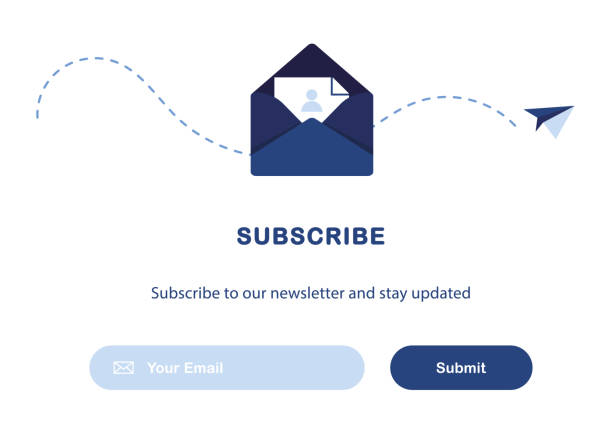 Email marketing. Subscription to newsletter. Vector banner illustration of email marketing. Subscription to newsletter, news, offers, promotions. A letter in an envelope. Buttons template. Subscribe, submit. Send by mail. Blue and White. Eps 10 newsletter stock illustrations