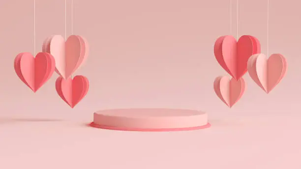 Photo of Valentines day podium surrounded by hanging hearts in 3D rendering. Cylinder shape for product display with valentine