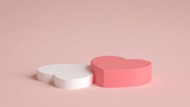 발렌타인 데이를 위한 하트 모양의 포디움 2개. 발렌타인 데이 컨셉의 제품 디스플레이. 핑크와 화이트 컬러, 받침대, 연단, ��스탠드, 3d 일러스트 - valentines day two dimensional shape heart shape love 뉴스 사진 이미지