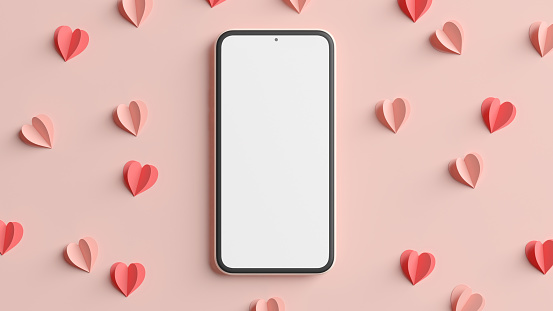 3D rendering mobile phone mockup with hearts for Valentines day background design. Empty generic smartphone blank screen template. 3D illustration