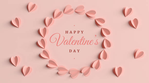 istock Happy Valentines day love greeting card elegant template with hearts in 3D rendering and copyspace on the right. Minimal 3D illustration Valentine card background 1296830879