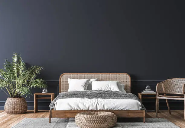 Photo of Dark bedroom interior mockup, wooden rattan bed on empty dark wall background, Scandinavian style