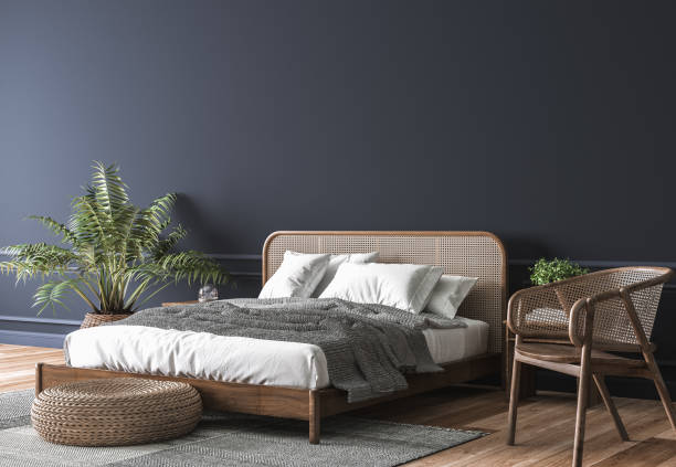 ダークベッドルームインテリアモックアップ、空の暗い壁の背景に木製の籐のベッド、スカンジナビアスタイル - pillow headboard wall bedroom ストックフォトと画像