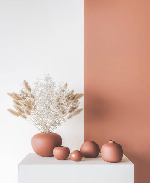 istock Home decor interior mock up, stylish vase on modern orange background 1296831628