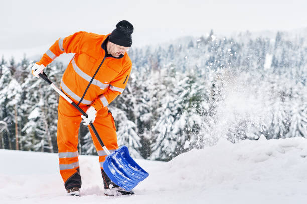 istock Snow removal, worker sweeps snow from road after winter storm 1296832815