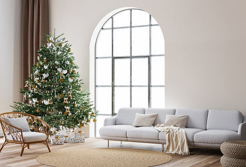 Living Room Christmas interior in Scandinavian style. Christmas tree with gift boxes. White sofa on wall Mockup, 3d render