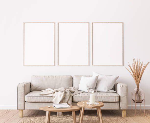 istock Frame mockup in living room design, three wooden frames in Scandinavian interior 1296834073