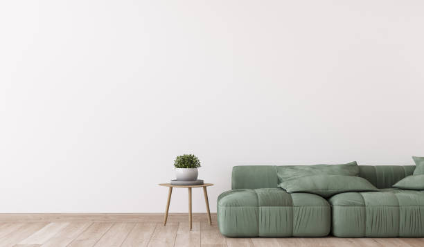 istock Green sofa in a living room design, Mockup wall in a minimal interior style 1296834458