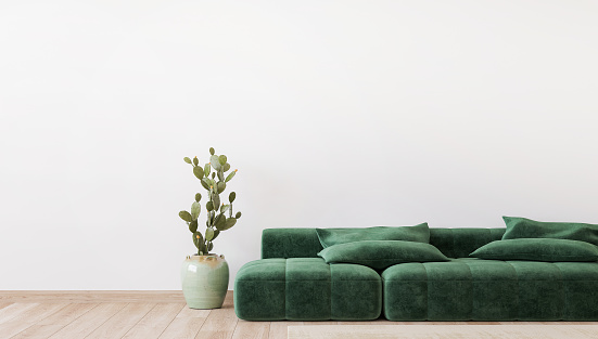 Green sofa in a living room design, Mockup wall in a minimal interior style, 3d render