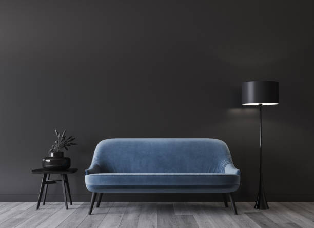 blue sofa in dark modern interior design mockup, minimal home decor stock photo