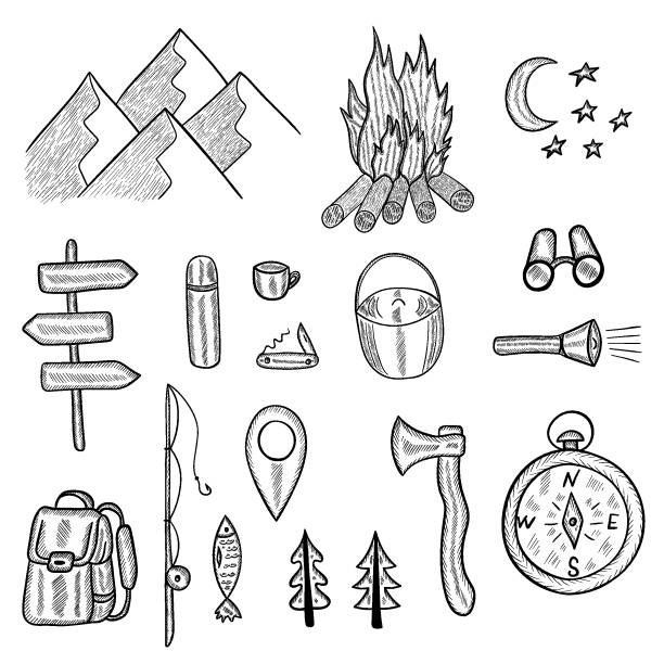 ilustraciones, imágenes clip art, dibujos animados e iconos de stock de camping doodle set mon - aparejo de pesca ilustraciones
