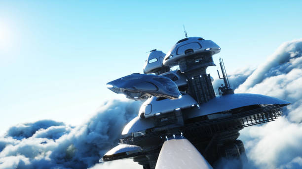 istock futuristic ship lands on futuristic base in the clouds. 3d rendering. 1296836516