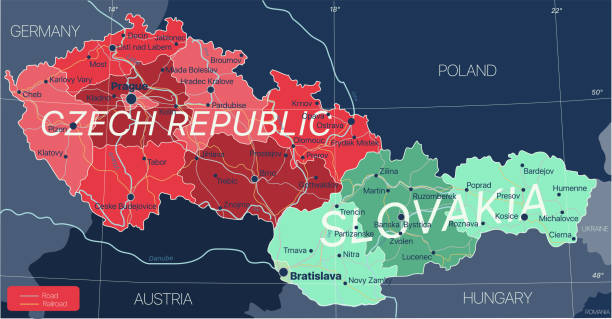 Czech Republic and Slovakia countries detailed editable map Czech Republic and Slovakia countries detailed editable map with regions cities and towns, roads and railways, geographic sites. Vector EPS-10 file bratislava vector stock illustrations