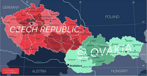 Vector illustration of Czech Republic and Slovakia countries detailed editable map