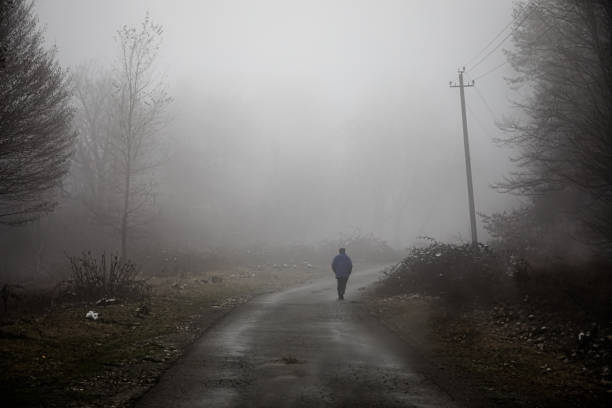 man walking on a path in a strange dark forest with fog. Old man silhouette walking on road in forest