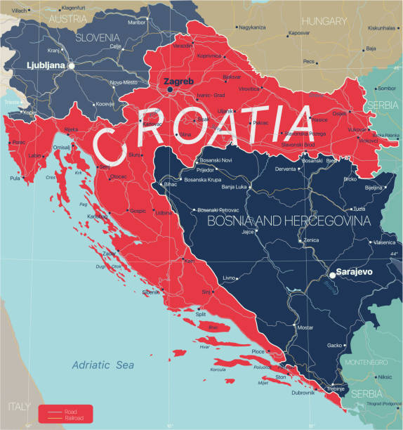 Croatia country detailed editable map Croatia country detailed editable map with regions cities and towns, roads and railways, geographic sites. Vector EPS-10 file bosnia and herzegovina stock illustrations