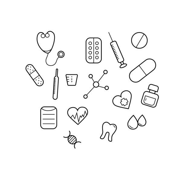 ilustraciones, imágenes clip art, dibujos animados e iconos de stock de iconos médicos, dibujos en blanco y negro. para diseño web. ilustración de esquema. - bandage sheers