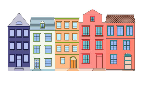illustrazioni stock, clip art, cartoni animati e icone di tendenza di fila di case a colori, illustrazione vettoriale - townhouse