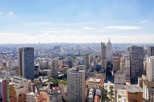 Historic buildings in downtown São Paulo seen from above, Brazil