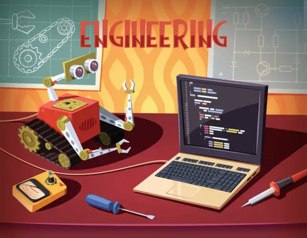 Vector illustration of Robot programming and development .engineering and mechatronics illustration