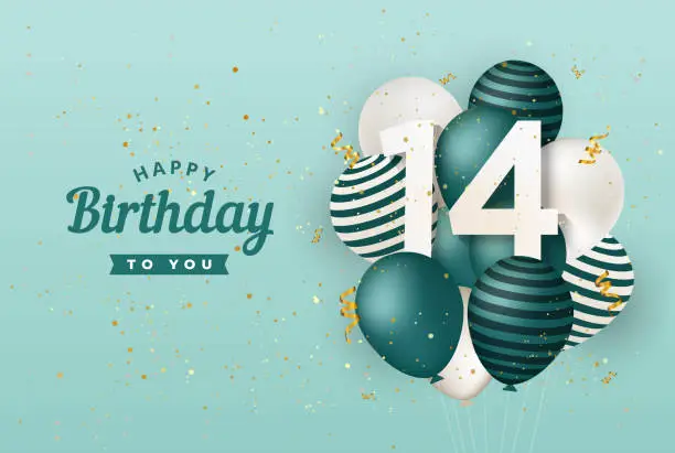 Vector illustration of Happy 14th birthday with green balloons greeting card background.
