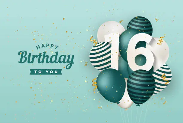 Vector illustration of Happy 16th birthday with green balloons greeting card background.