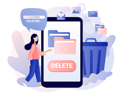 Delete concept. Tiny woman deleting data on smartphone. Move unnecessary files to the trash bin. Cleaning digital memory. Modern flat cartoon style. Vector illustration