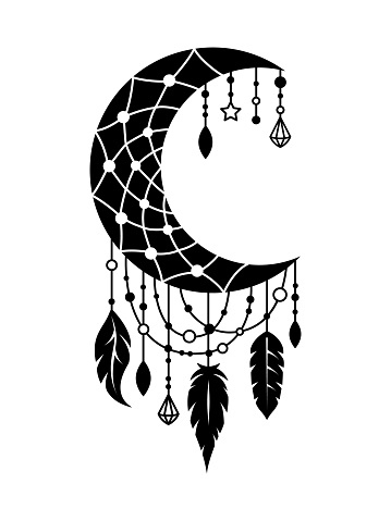 Moon dream catcher with threads, beads and feathers. Vector tribal illustration in boho style. Ethnic indian dreamcatcher with space for text. Silhouette, symbol.