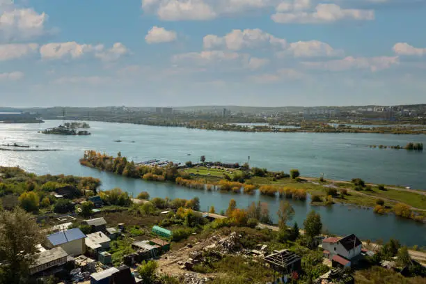 Aerial view of the Angara river. Irkutsk, Russia