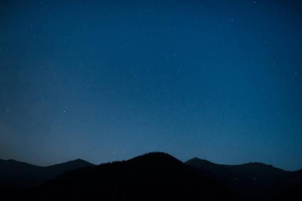 Silhouette of mountain range under dark blue night sky with many bright stars